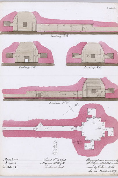 A plan showing a long passageway into a circular, chambered tomb