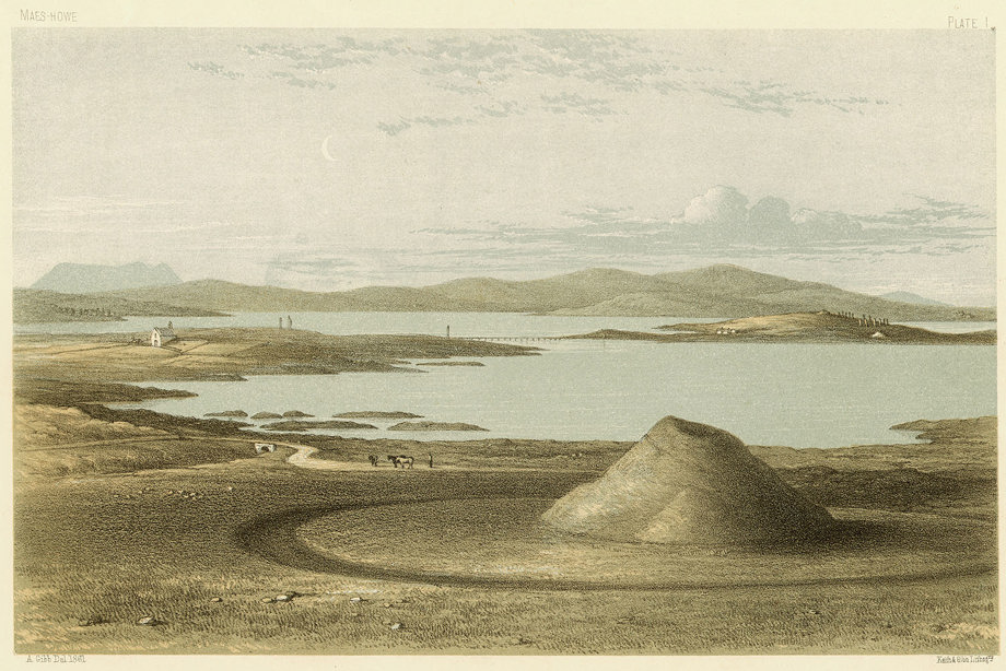 A round, grassy chambered tomb in a field, with a large body of water behind it. Image reference number: SC_370082