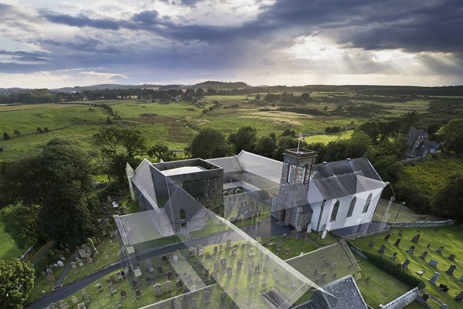Aerial photo with ghosted reconstruction of a large, historic stone priory building and graveyard.