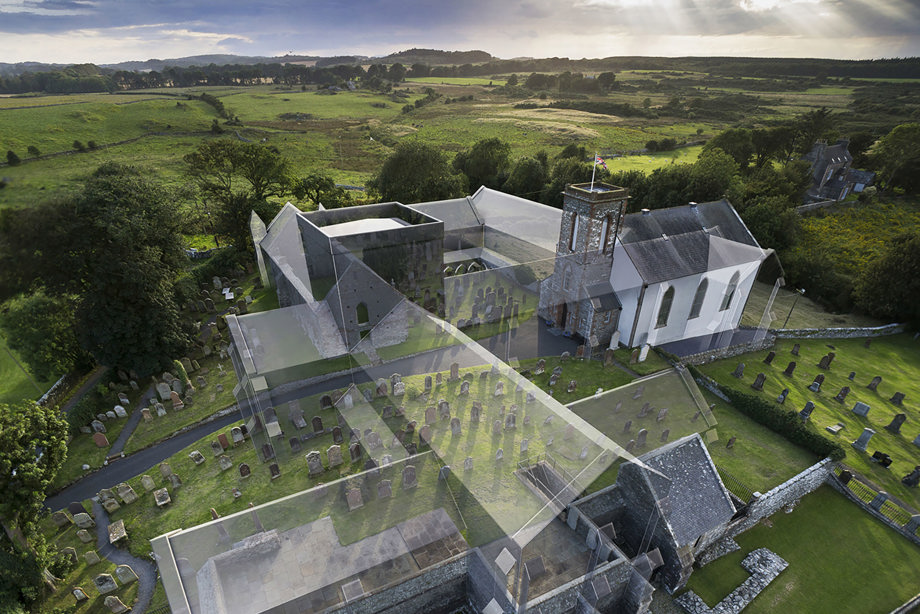 Aerial photo with ghosted reconstruction of a large, historic stone priory building and graveyard.
