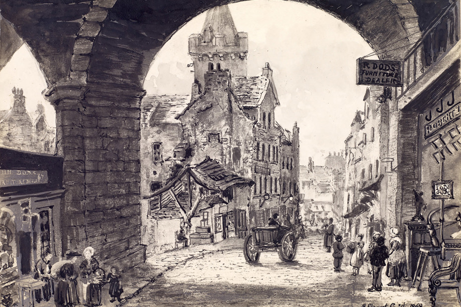 People standing under a stone bridge, which looks out onto a large, stone church