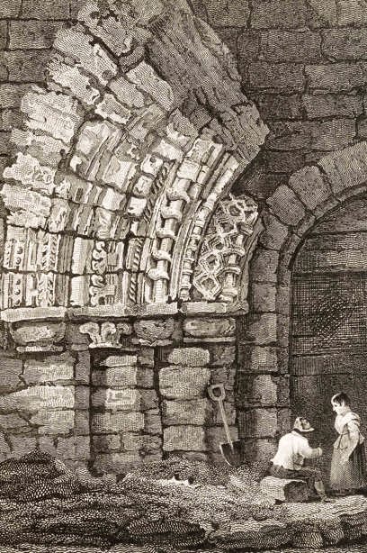 Two people sitting inside a stone abbey. Image reference: 008-000-041-873-R