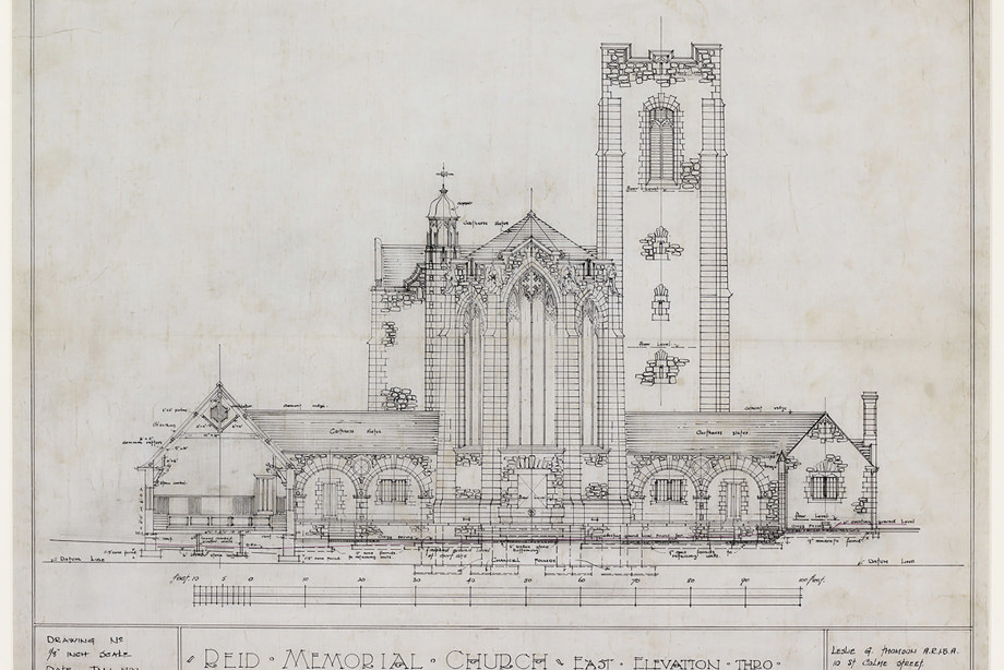 A large stone church with a tall tower. Image reference number: DP_026503 
