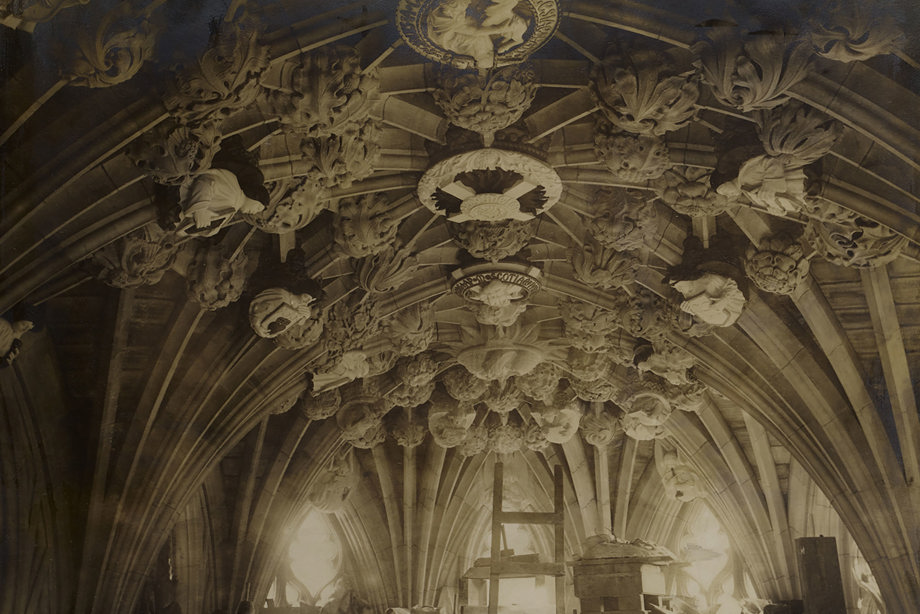 A stone carved ceiling made up of many floral designs. Reference no: DP_312882