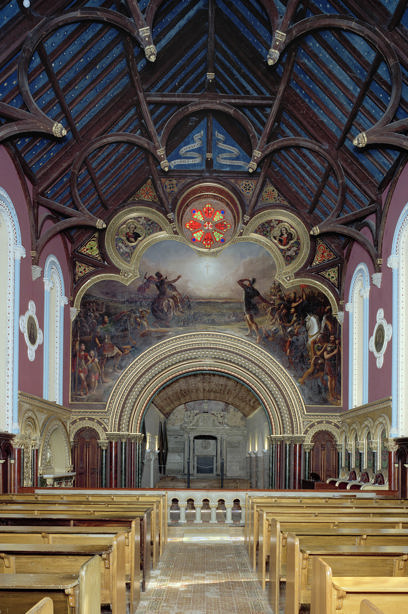 A chapel with pink walls and a blue and wooden ceiling, with a painted mural on the walls. Reference no: SC_1029167 