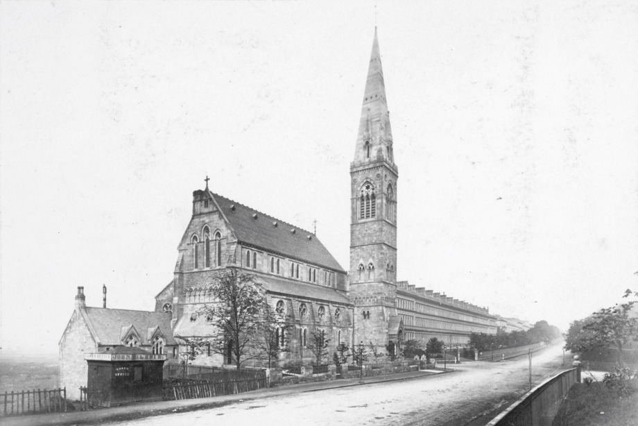 A large stone church with a tall, narrow spire Reference no: DP_037041