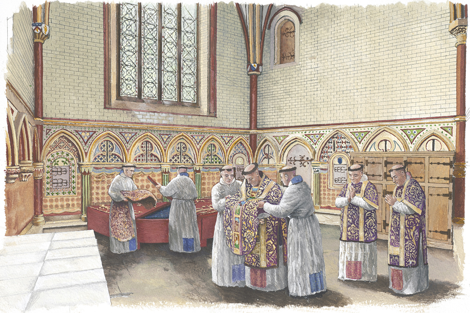 A group of monks, some who are praying, standing inside a chapel