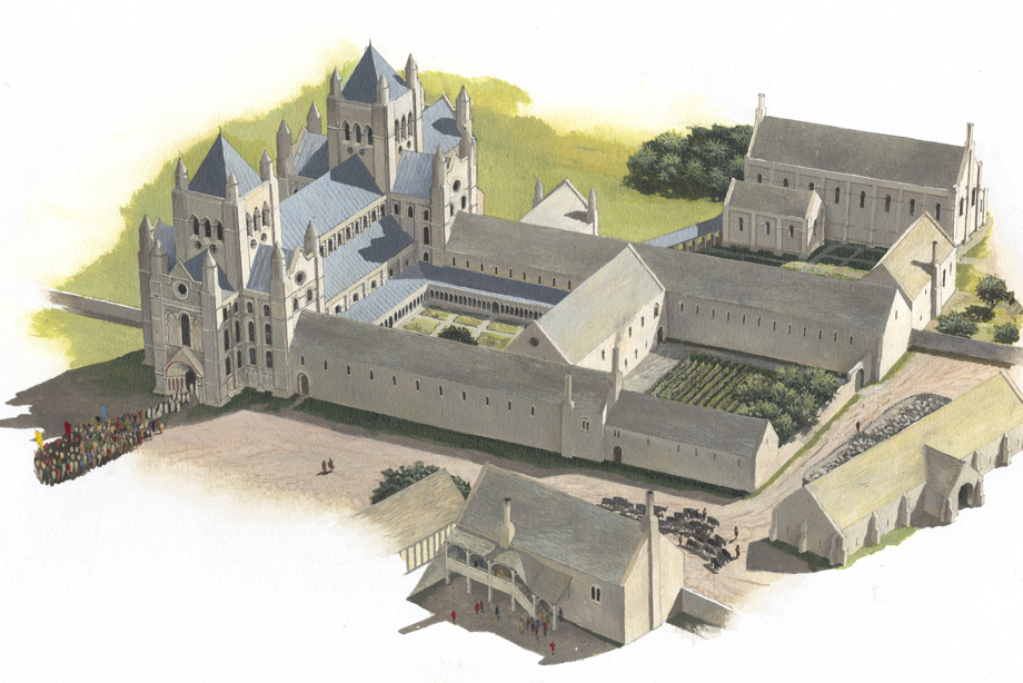 A large, rectangular stone abbey forming four sides with grassy open area in the middle