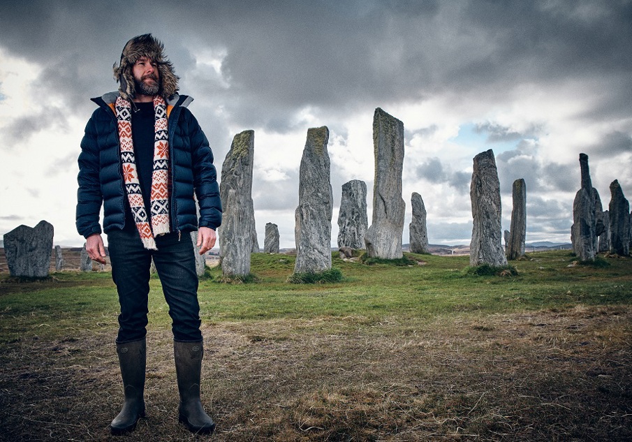 The Hebridean Baker in front of the Calanais Standing Stones