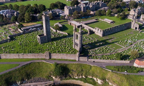 An aerial photoof St Andrews Cathedral at St Andrews, Fife showing the now reopened St Rule's Tower. 