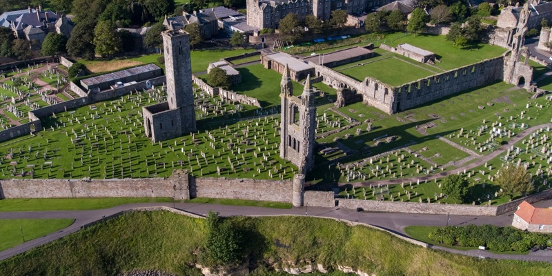 An aerial photoof St Andrews Cathedral at St Andrews, Fife showing the now reopened St Rule