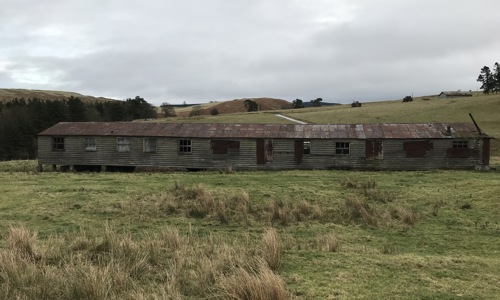 A long, dilapidated hut with rusty corrugated iron roofing, 13 windows across, sits in a middle of a field.