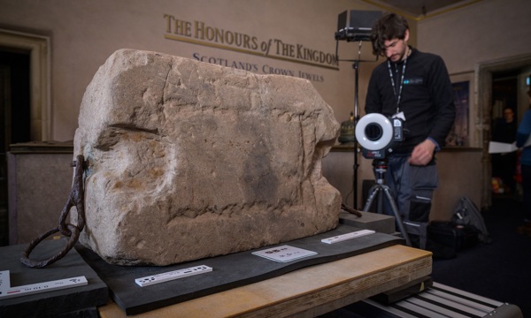 Member of the HES Digital Documentation & Innovation team digitally scanning the Stone of Destiny at Edinburgh Castle
