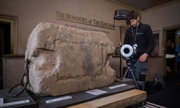 Member of the HES Digital Documentation & Innovation team digitally scanning the Stone of Destiny at Edinburgh Castle