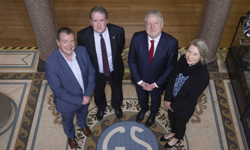 From left to right, Glasgow City Council Deputy Leader Cllr Richard Bell, HES Chief Executive Alex Paterson, Culture Secretary Angus Robertson and Caroline Clark, The National Lottery Heritage Fund Director for Scotland.