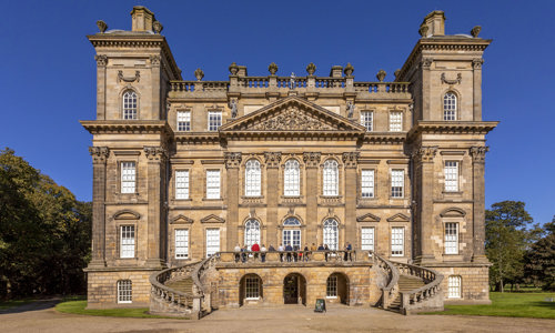 General view of the exterior of Duff House with clear blue skies.