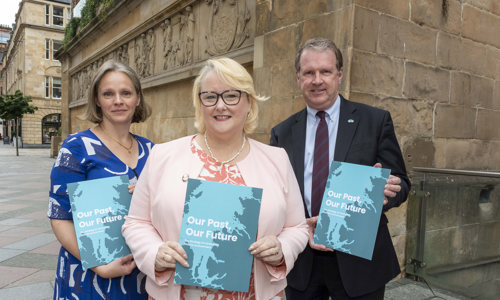 Ailsa Macfarlane (left), Director for Built Environment Scotland; Christina McKelvie (centre), Minister for Culture, Europe and International Development; Alex Paterson (right), Chief Executive Officer of Historic Environment Scotland, each holding a copy of the new strategy