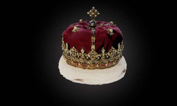 The Crown of Scotland, crafted of gold and silver and laden with 94 pearls and 43 gemstones including diamonds, garnets and amethysts