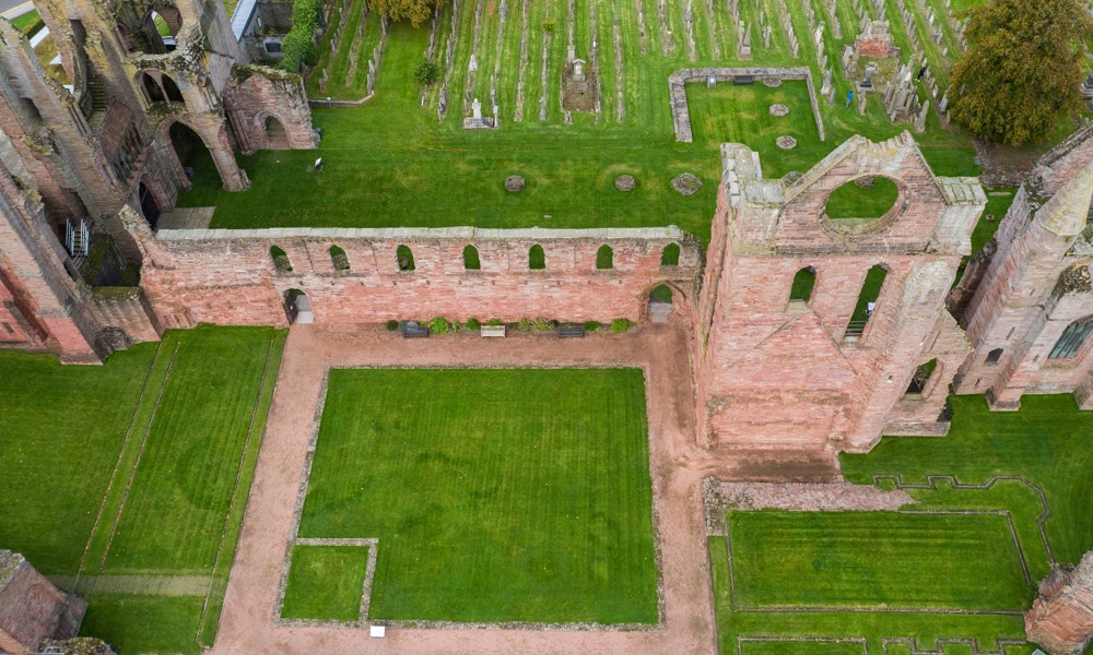 An aerial view of the ruins of Arbroath Abbey.
