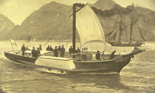 A sepia archive illustration of the Comet passing by Dumbarton Castle. You can see several members of a crew on the ship