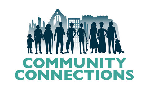 A silhouette of people with the words community connections below them