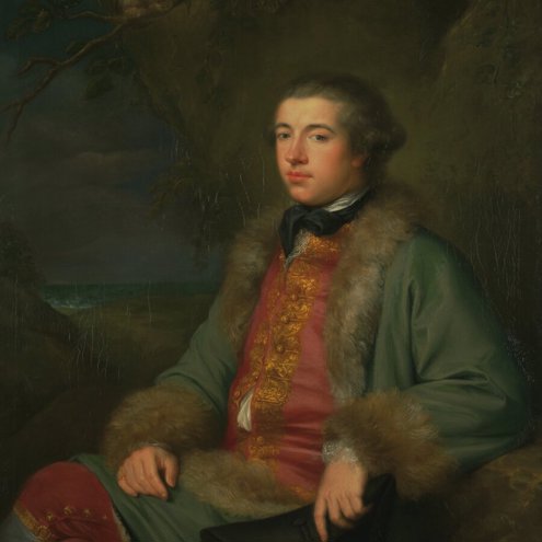 A painting of a person sitting wearing fine clothes, including a gold waistcoat and a fur-lined gown. They have their legs crossed and are looking confident.