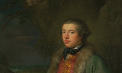 A painting of a person sitting wearing fine clothes, including a gold waistcoat and a fur-lined gown. They have their legs crossed and are looking confident.