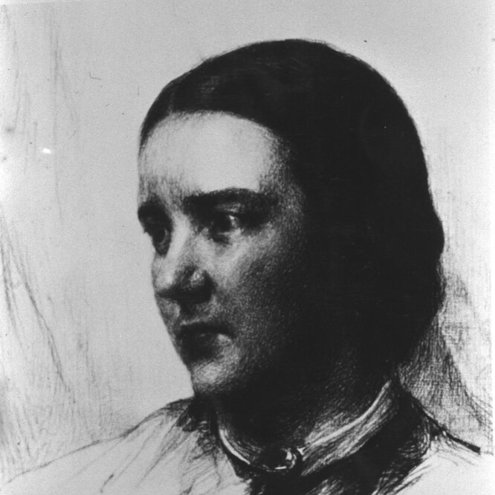 A black and white drawing of a person looking away from the viewer, the drawing is of their face, and they have dark hair tied back behind their head.