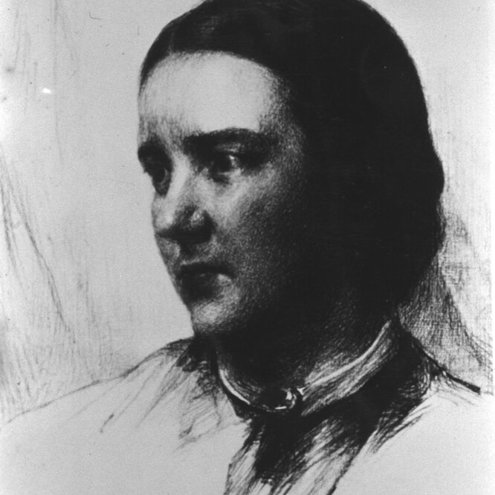 A black and white drawing of a person looking away from the viewer, the drawing is of their face, and they have dark hair tied back behind their head.