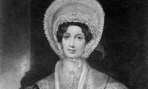 Black and white illustration of a person wearing nineteenth century clothing, including a large frilled bonnet and an extravagant, expensive looking dress.