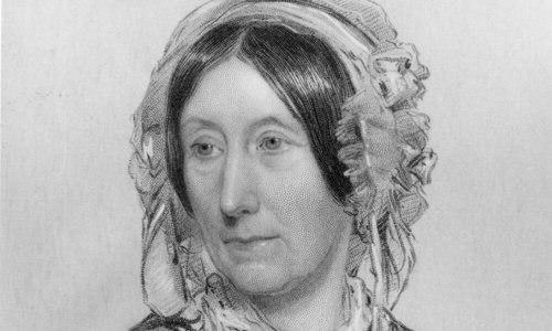 Black and white drawing of a person in period dress wearing a bonnet-style hat.