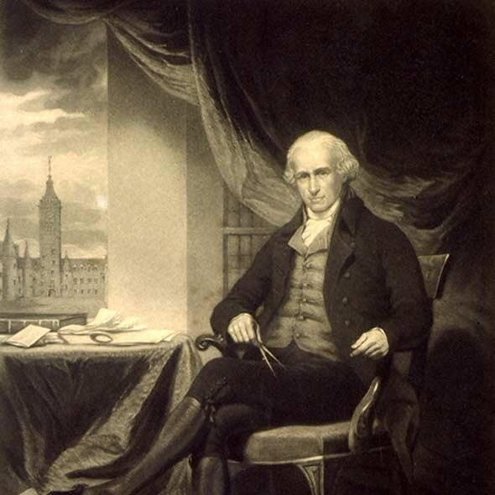 A portrait painting of a person in a period suit, sitting in a chair looking at the viewer. They are holding a pair of compasses and a table in the background is covered with charts and documents. In the upper left of the painting is a window, looking out onto a grand square lined with tall buildings.