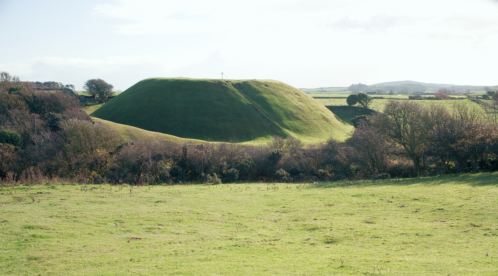 A side view of Druchtag Motte showing the motte surrounded by trees.