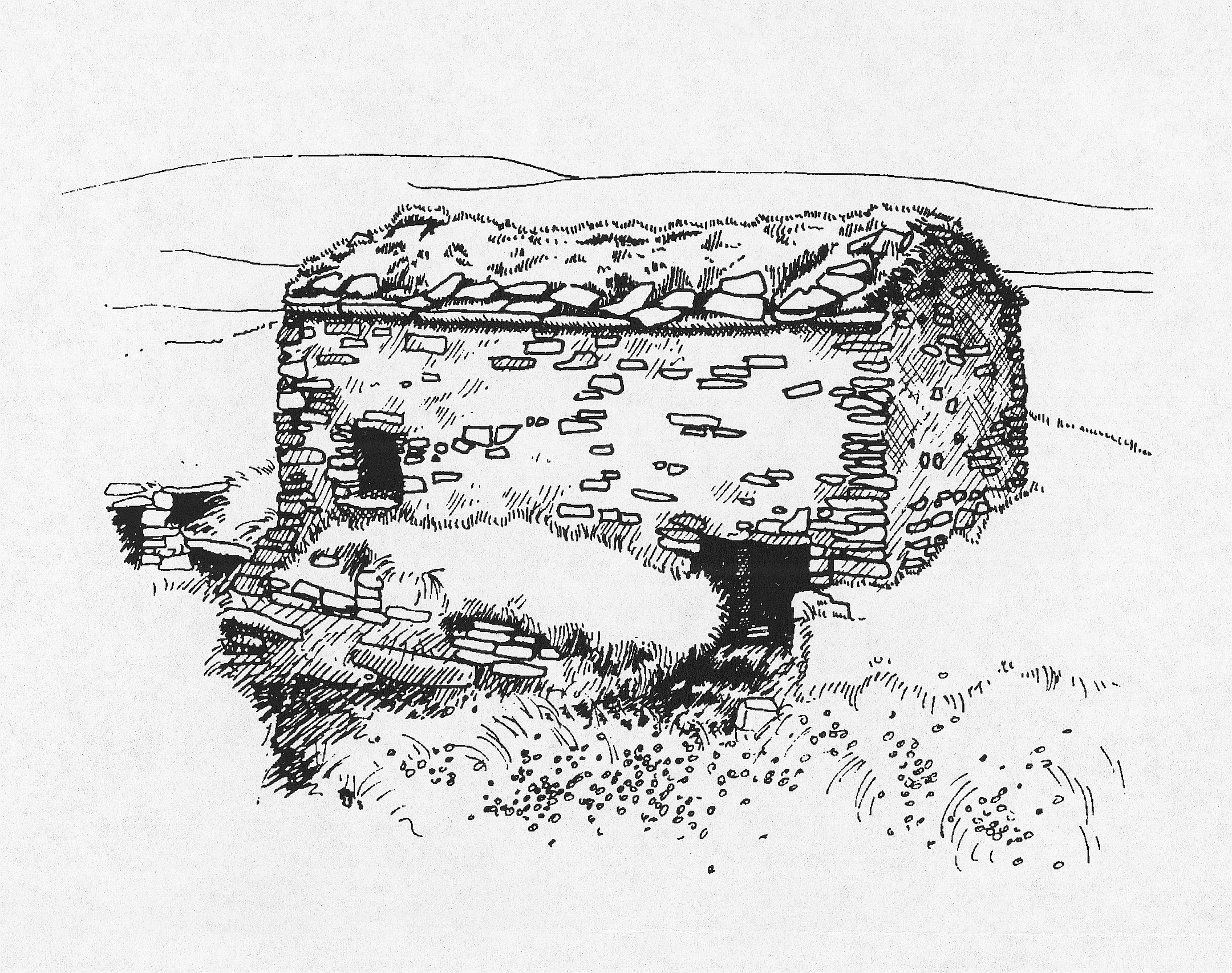Interior of a traditional Orkney click mill, featuring stone walls and a wooden roof. A horizontal waterwheel mechanism is connected to a circular millstone for grinding grain. Wooden troughs and tools are placed on the stone floor, illustrating the mill’s functional design
