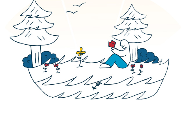 A hand drawn illustration showing an individual reading a book while they sit among trees and flowers. 