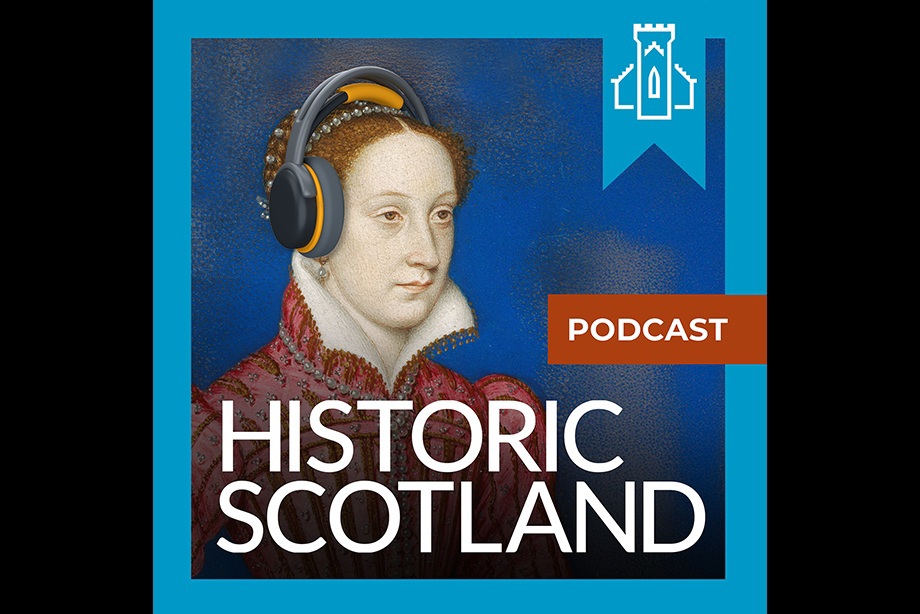A logo with the text Historic Scotland logo and Mary Queen of Scots wearing headphones