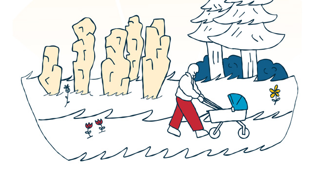 A hand drawn illustration of a parent pushing a pram through a beautiful landscape in the countryside. 