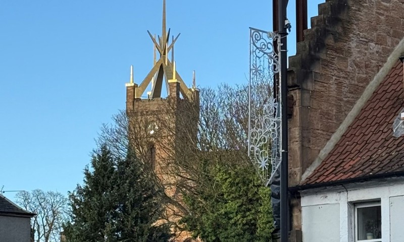 View of trees and houses with a church spire in the background