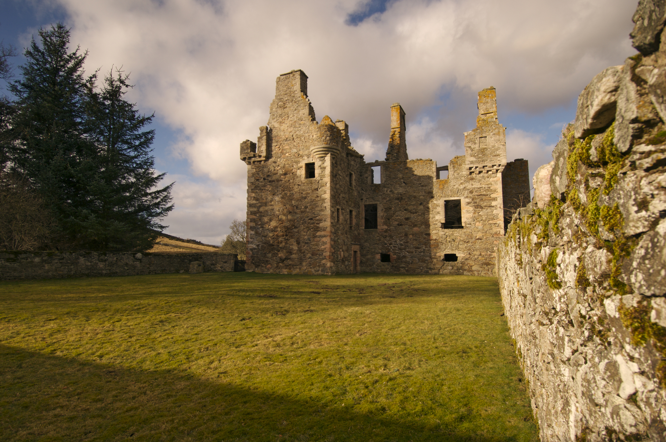 Wide view of Glenbuchat Castle ruins across a grassy courtyard, with tall trees on the left and stone walls framing the scene.