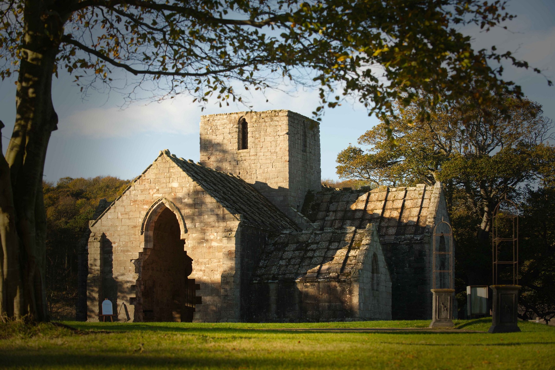 Sunlight catching a church building through trees