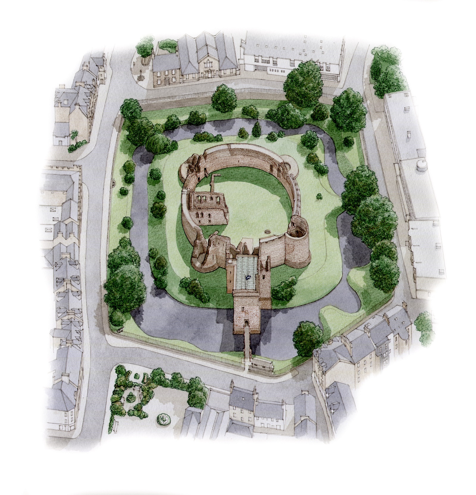 A detailed aerial illustration of Rothesay Castle, showing the circular stone walls, surrounding moat, central courtyard buildings, and the urban streets and houses enclosing the site.