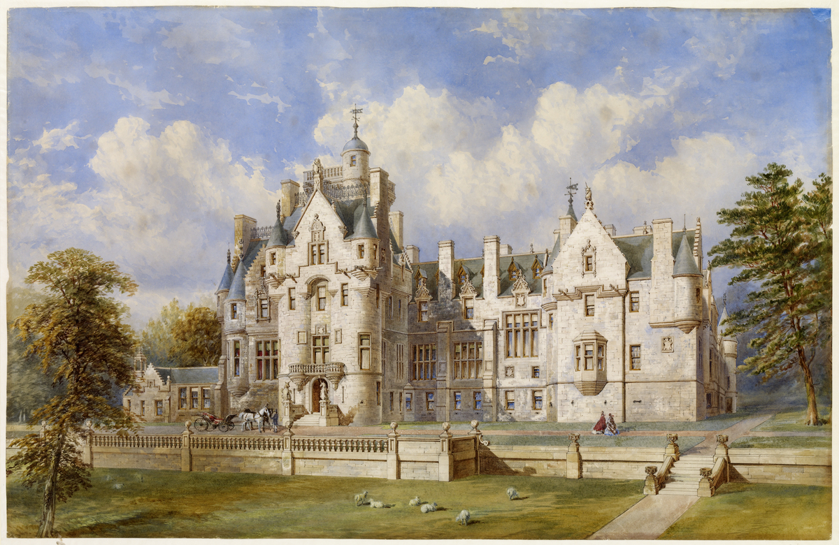 Watercolour picture of an impressive house with pale walls and blue roofing with many turrets