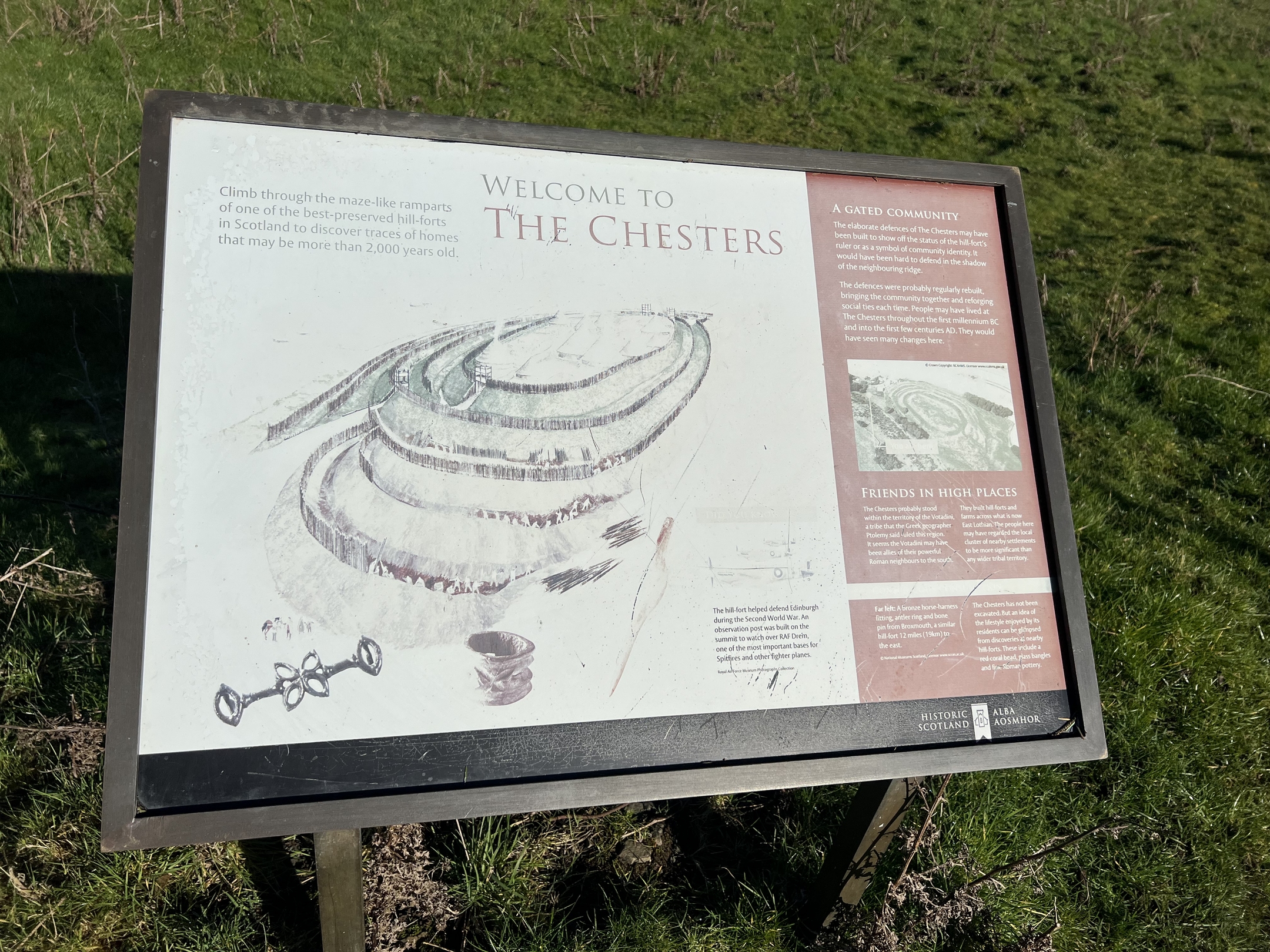 An interpretation sign at Chesters Hill Fort