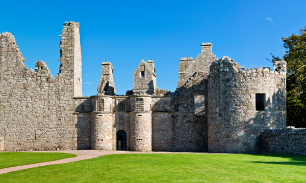 A ruined stone castle with two round towers at the front and a large round tower at the right-hand side with a gap for a window. On the left-hand side of the building, there is a gap at the top. There is a stone wall at either side of the castle, with a tree on the left-hand side. At the front of the castle, a red path leads to the gate with grass on either side of the path. The sun is shining, with bright blue skies.