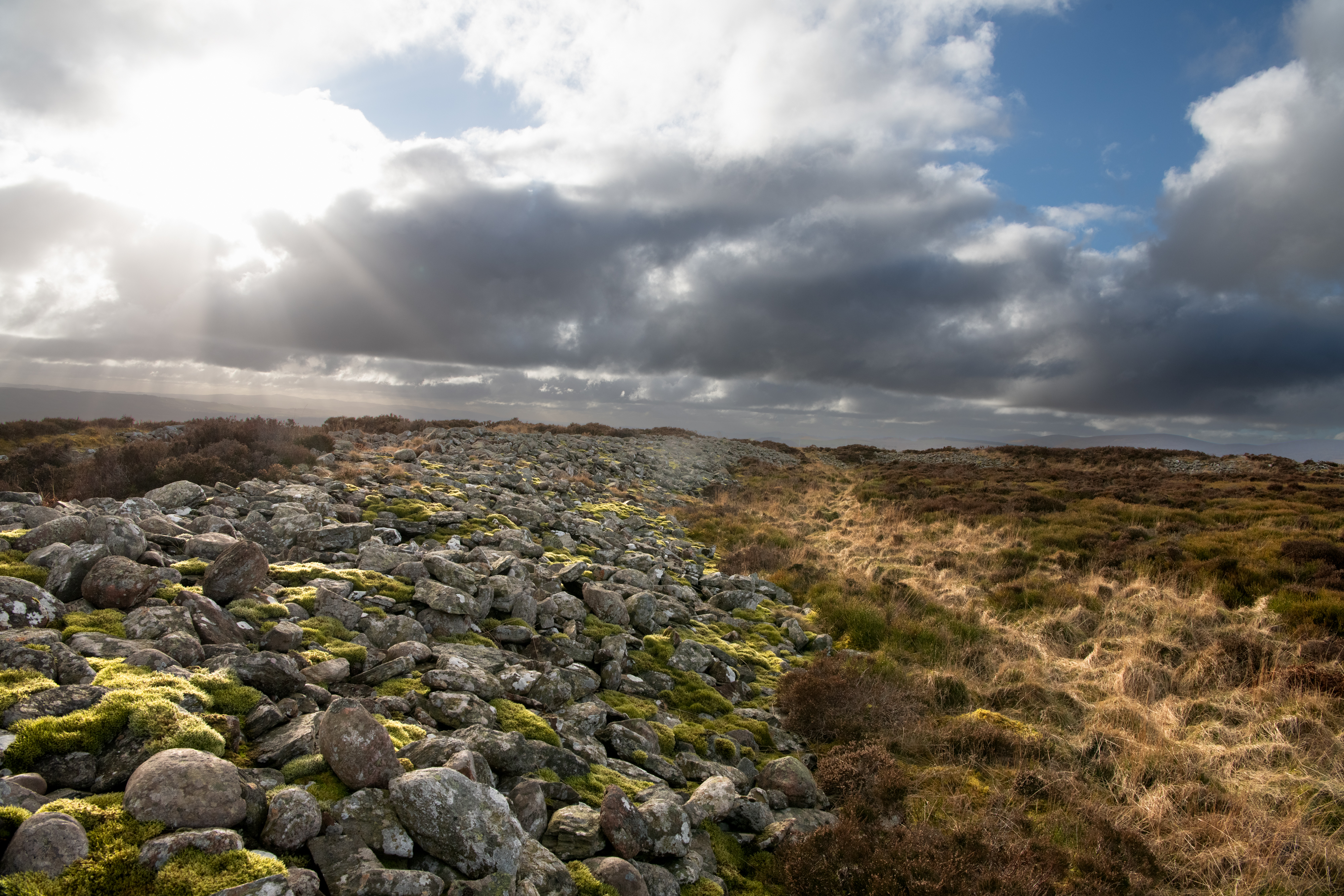 A wide view across a heather‑covered hillside with a long ridge of grey stones and moss, lit by sunbeams breaking through dark clouds.