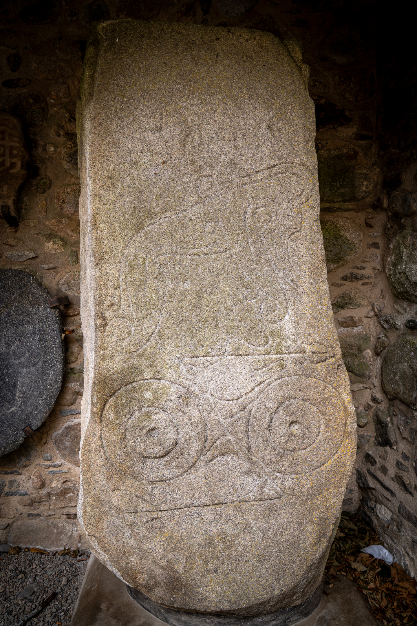 Close-up of a large upright Pictish stone with incised carvings depicting a mythical beast above two concentric circles joined by a bar, known as a double-disc and Z-rod symbol. The stone surface is weathered and uneven, with faint carving lines visible against the rough texture