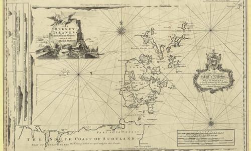 18th Century cartographic map of the Orkney Isles by Murdoch Mackenzie. Includes inscription: "To the Right Honourable Early of Horton, this map of Orkneyis humbly dedicated by his Lordship