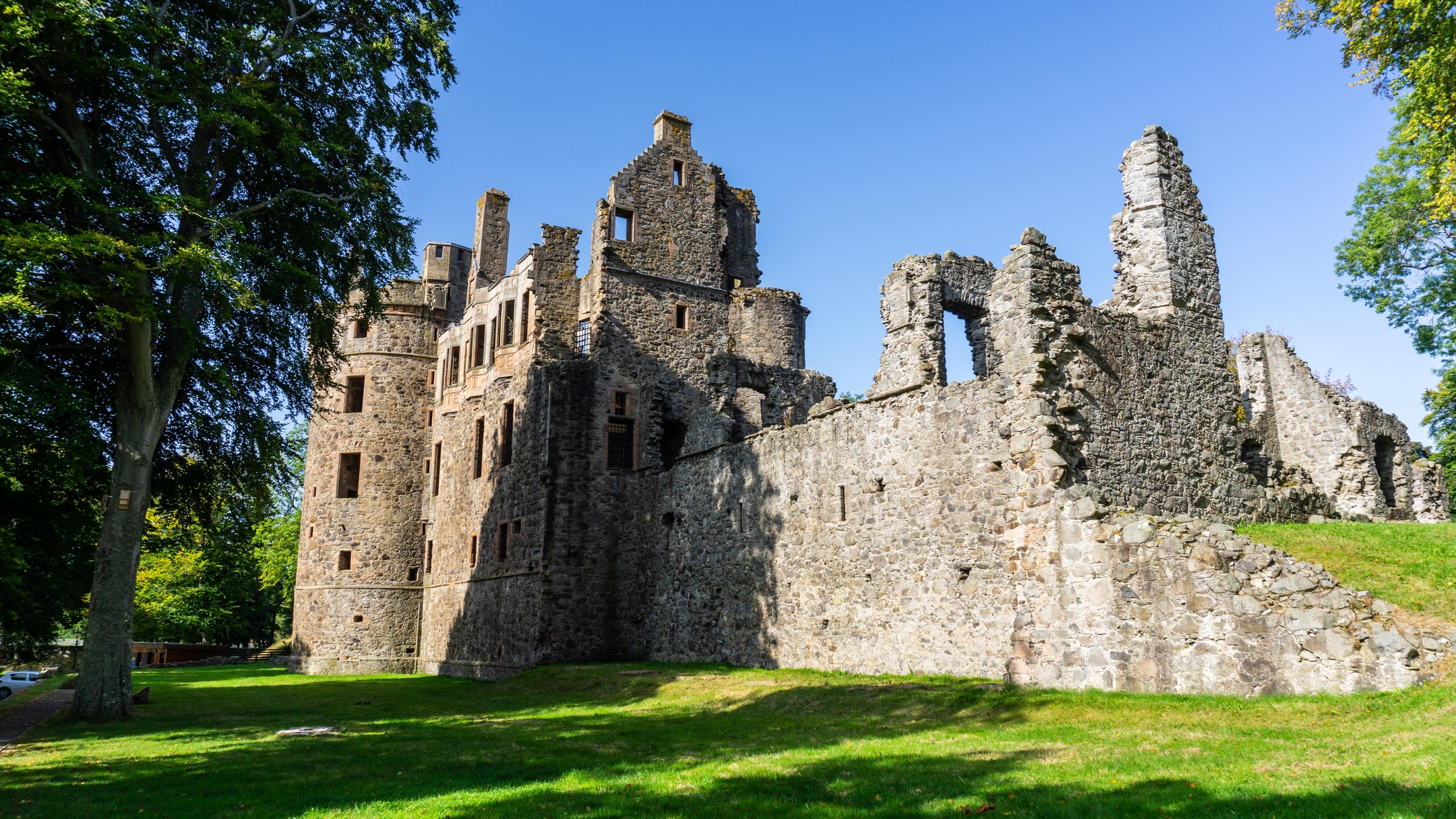 Large castle ruin in wooded area with grass, blue sky