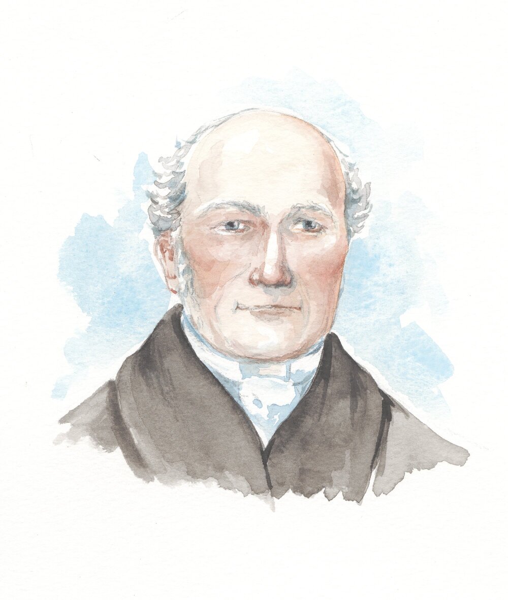 A watercolour painting of a person wearing a dark coat looking directly forwards. They have red cheeks and small white tufts of hair over their ears, and a thin smile on their face.