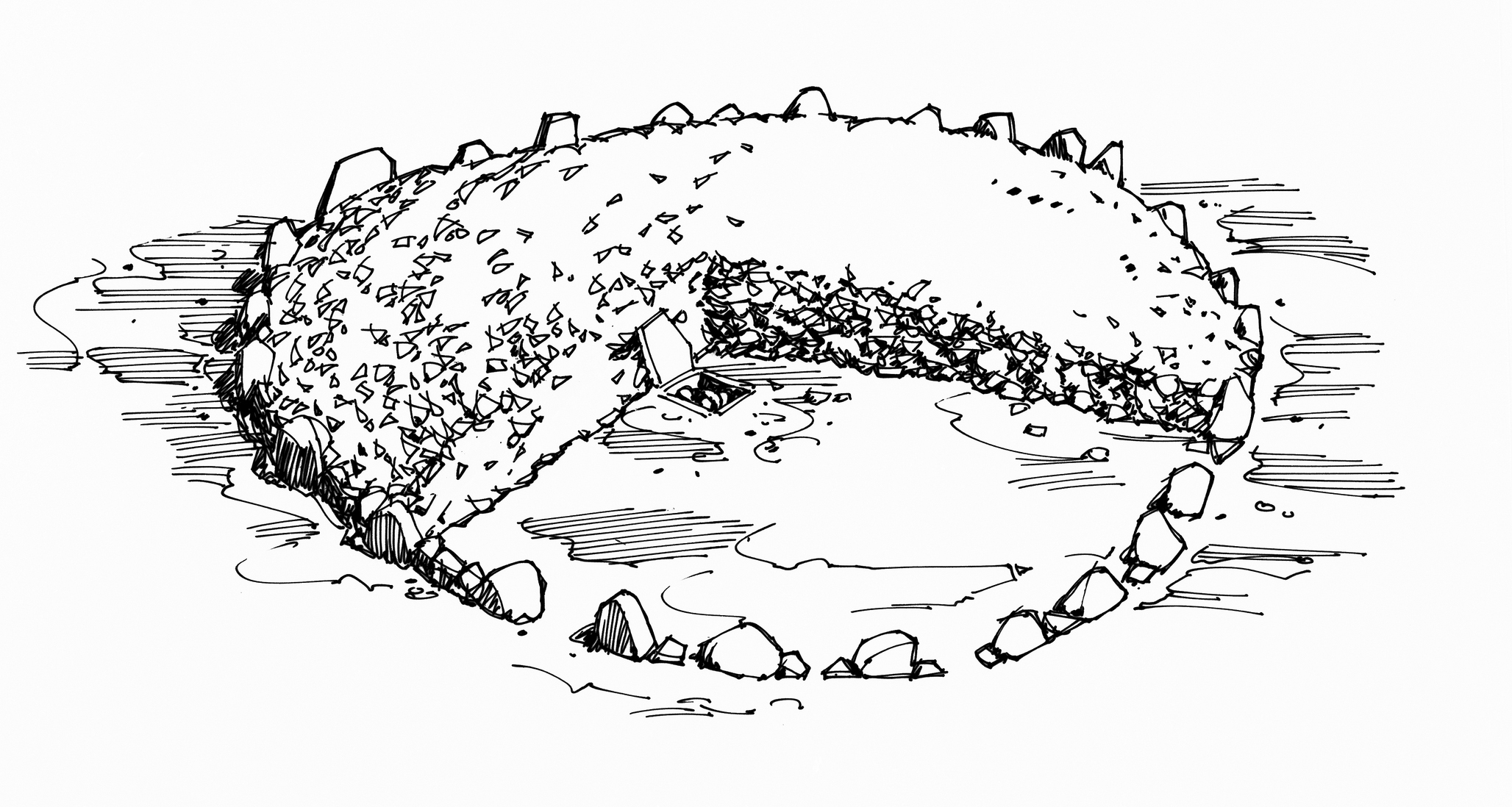 Black-and-white sketch of a stone circle with a partially collapsed cairn in the center, showing stones arranged in a ring.